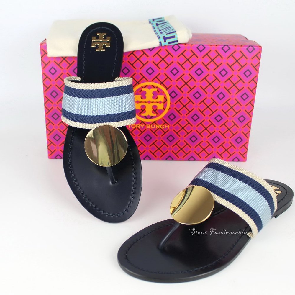 NEW Tory Burch Patos Stripe Thong Sandals US 9 Canvas Upper Slip-on